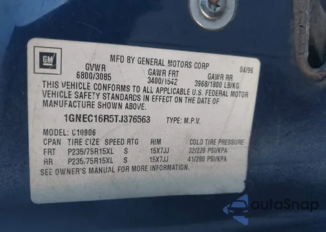 1996 Chevrolet Suburban C1500 z USA, uszkodzony, nr VIN 1GNEC16R5TJ376563